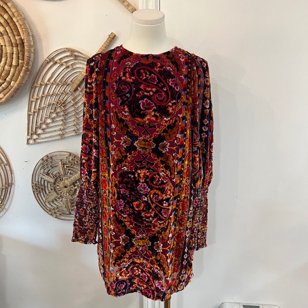 Anthropologie Red Burnout Velvet Paisley Lace Up Mini Dress Dark Academia 0 - Picture 2 of 13